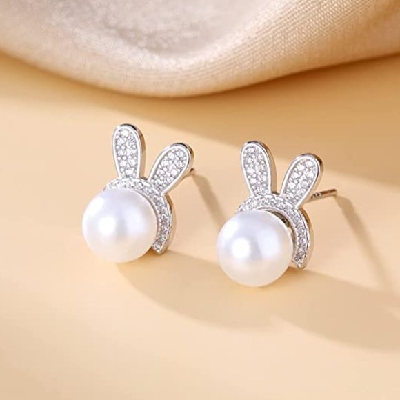 Sterling Silver Pearls Rabbit Earrings Studs for Women Teen Girls CZ Bunny